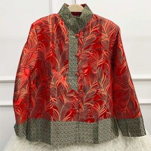 Red Patterned Mandarin-Collar Brocade Shirt Jacket